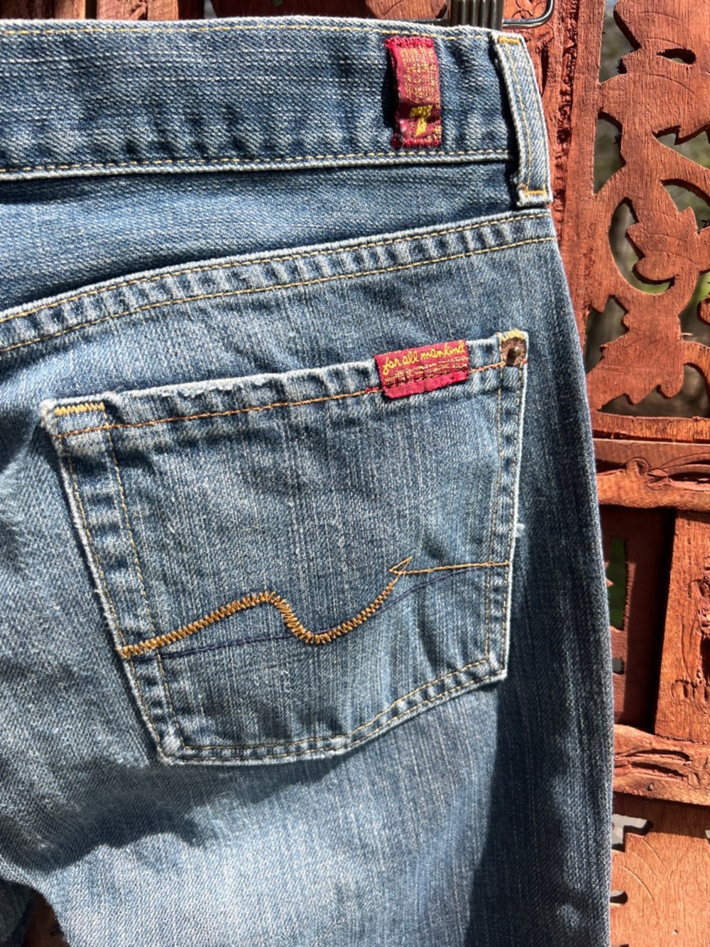 Y2K 7 For All Mankind Medium Wash Denim Jeans with Gold Stitching and Red Tab